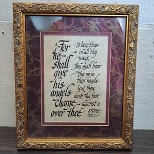 Psalm 91 11-12 Calligraphy Gold Framed Art Print Religious Scripture Verse 70s